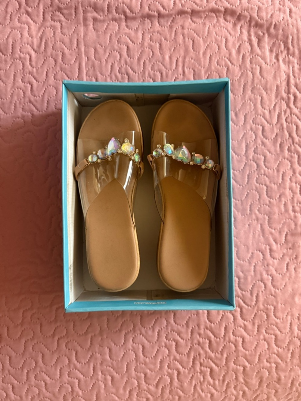 Tan Wedge Sandals with Iridescent Gem Accents